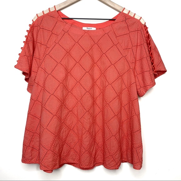 Madewell Tops - Madewell Eyelet Lattice Sleeve Coral Top Size L